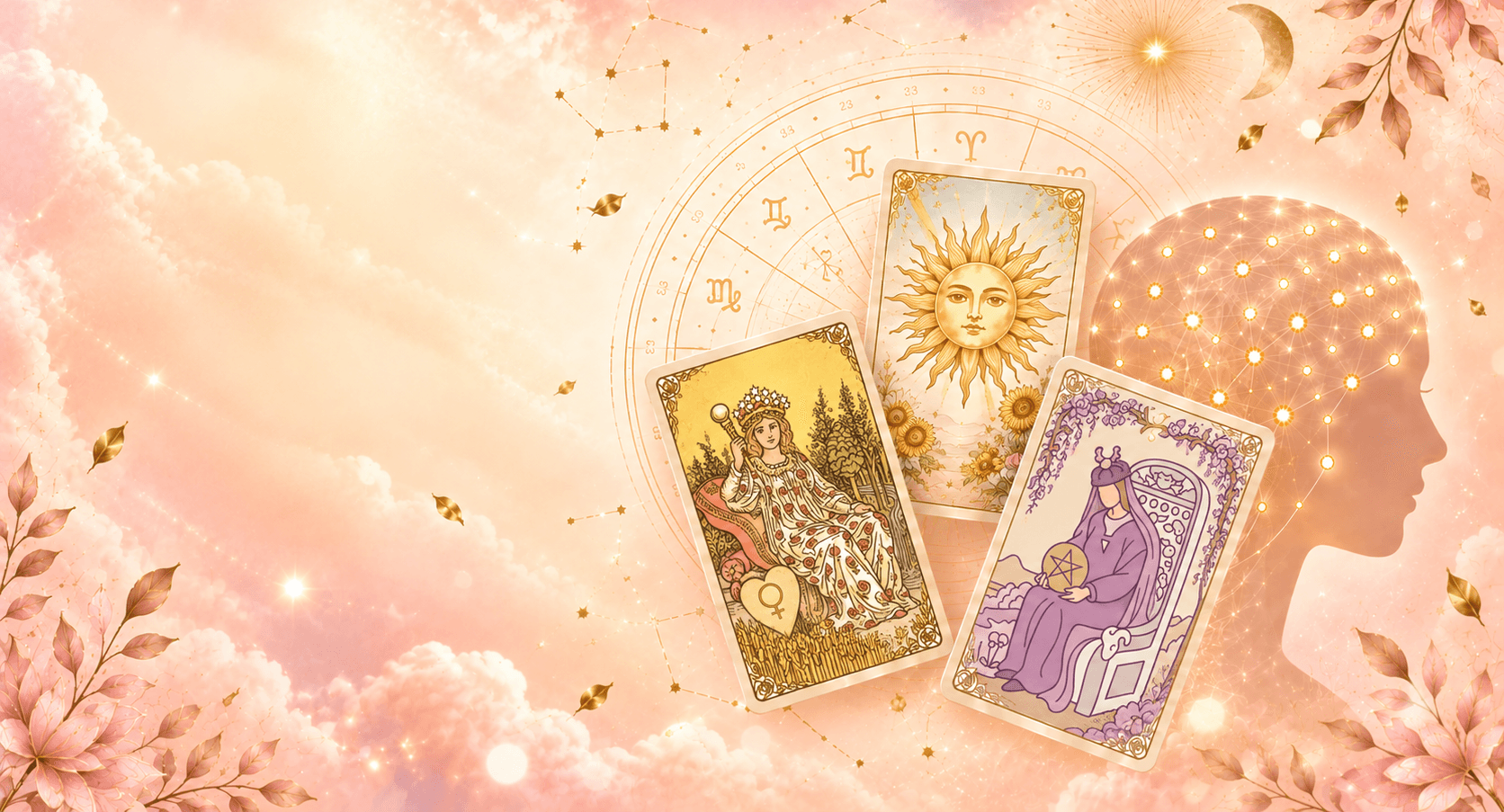 Mystical tarot cards and cosmic zodiac wheel