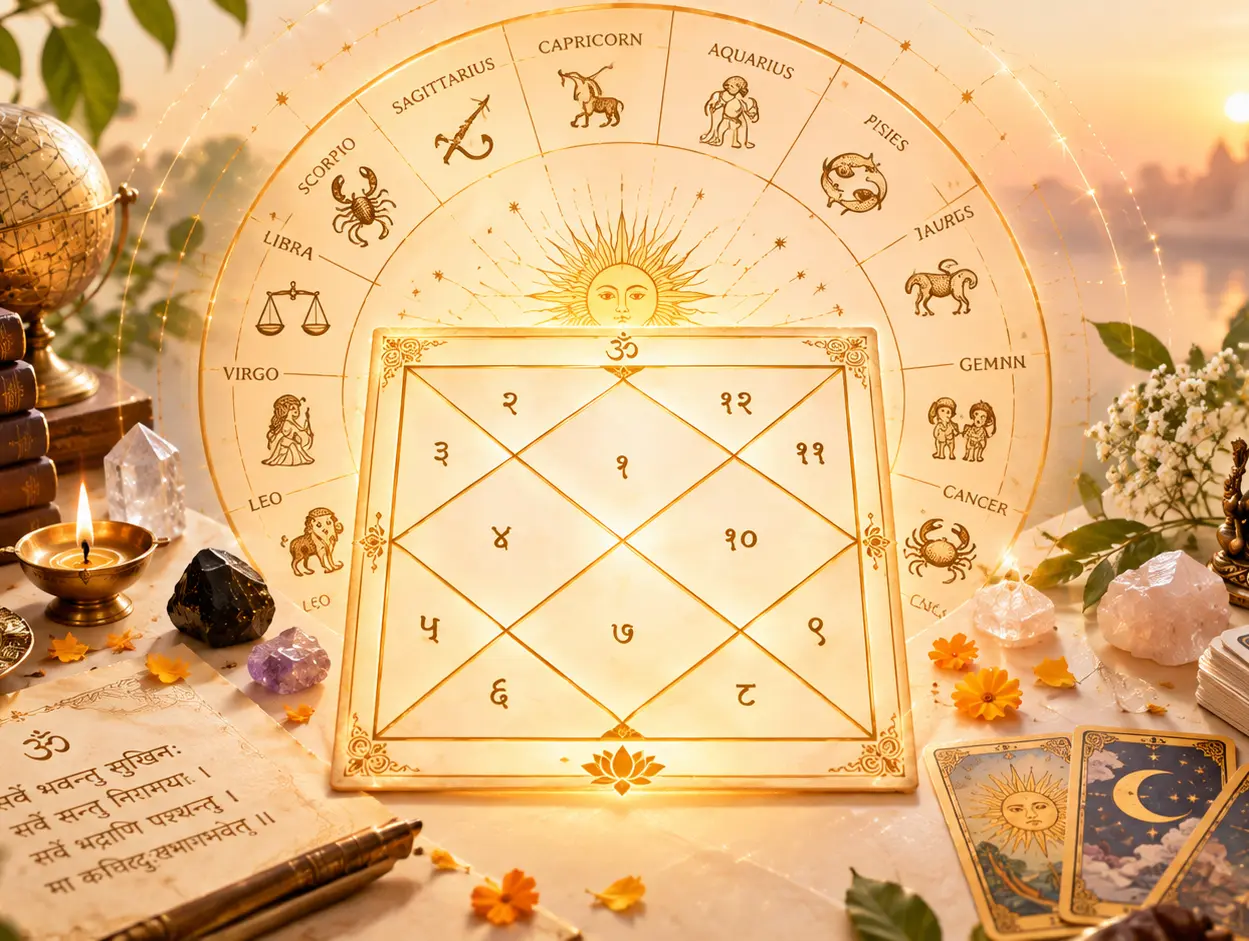 Astrology birth chart wheel with zodiac symbols, crystals, candles, and tarot cards